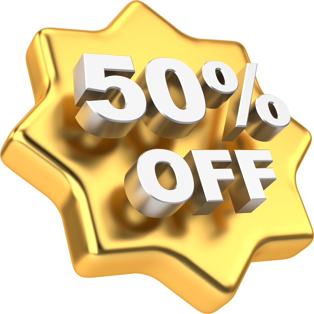 3D fifty percent off. 50% off. Golden sale badge.